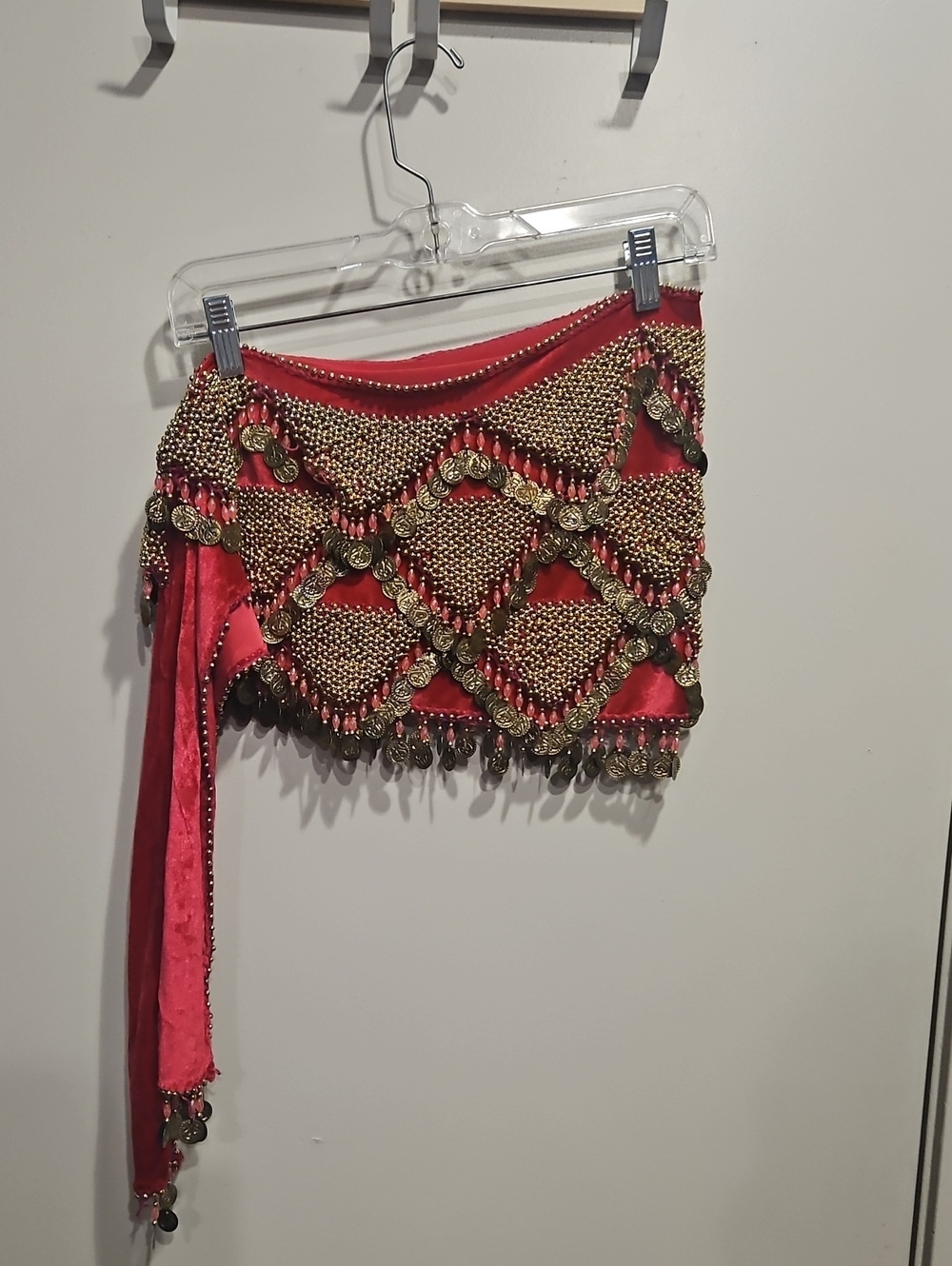 Red Embellished Belly Dance Hip Scarf Skirt